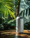 matte white soft drink can, frozen motion shot, among palm leaves , blurred background, ideal for logos or branding