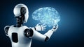 MLB AI hominoid robot holding virtual hologram screen showing concept of AI brain