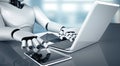 MLB Robot humanoid use laptop and sit at table in future office Royalty Free Stock Photo