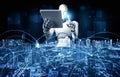 MLB Robot humanoid using tablet computer for global network connection Royalty Free Stock Photo