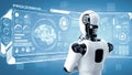 MLB Thinking AI hominoid robot analyzing hologram screen showing concept of AI