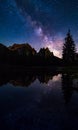 Mliky way reflection over lake Antorno, Dolomites, Italy