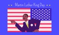 MLK Day vector illustration with Martin Luther King Jr. uttering speech agaist racial discrimination on the background of the Amer