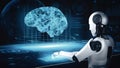 MLP Robot hominoid use laptop and sit at table in concept of AI thinking brain
