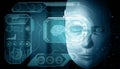 MLP Robot humanoid face close up with graphic concept of big data analytic Royalty Free Stock Photo