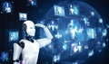 MLP Humanoid AI robot looking at hologram screen showing concept of big data Royalty Free Stock Photo