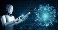 MLP Robot hominoid using tablet computer for global network connection Royalty Free Stock Photo