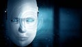 MLP Robot humanoid face close up with graphic concept of AI thinking brain Royalty Free Stock Photo