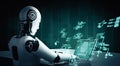 MLP Robot humanoid use laptop and sit at table in concept of AI thinking brain
