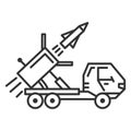 MLRS icon. Multiple rocket launcher system sign. Army artillery vehicle. Flat style vector illustration isolated on