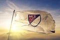 MLS Major League Soccer logo flag textile cloth fabric waving on the top sunrise mist fog