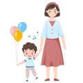 Mother leads her son by the hand, the child holds a bunch of balloons in his hands