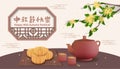 Elegant mid autumn greeting card with moon cakes and osmanthus