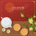 Simple mid-autumn festival greeting card, top view of Chinese tea with moon cakes, osmanthus