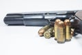 11 mm. Black handgun And ammunition Royalty Free Stock Photo