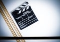 35mm movie filmstrip with clapper board, vintage color, horizont