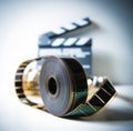 35mm movie reel with out of focus clapper in background Royalty Free Stock Photo