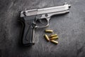 9mm pistol bullets and handgun. Royalty Free Stock Photo