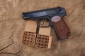 9mm russian handgun with ammunitions Royalty Free Stock Photo