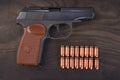 9mm russian handgun with ammunitions Royalty Free Stock Photo