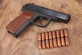 9mm russian handgun with ammunitions Royalty Free Stock Photo