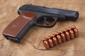 9mm russian handgun with ammunitions Royalty Free Stock Photo