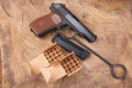 9mm russian handgun with ammunitions Royalty Free Stock Photo