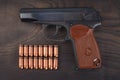 9mm russian handgun with ammunitions Royalty Free Stock Photo