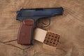 9mm russian handgun with ammunitions Royalty Free Stock Photo