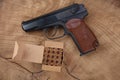 9mm russian handgun with ammunitions Royalty Free Stock Photo