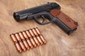 9mm russian handgun with ammunitions Royalty Free Stock Photo