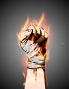 MMA or boxing burning bandage fist uplifted hand. Mixed martial arts fighting flame emblem or logo idea. Vector
