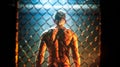 MMA fighter in the cage back view. Generative AI.