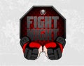 MMA gloves hands octagon stage cage poster. Mixed martial arts fight night banner. Fighting emblem logo element. Boxing decoration Royalty Free Stock Photo