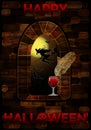 MMedieval window in castle with blood glass. Happy halloween card