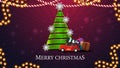 Merry Christmas, purple postcard with Christmas tree made of green ribbon with red vintage car carrying Christmas tree Royalty Free Stock Photo