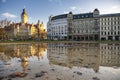 MMorning view to New City Hall Neues Rathaus with mirror reflection in water. Leipzig, Germany. November 2019 Royalty Free Stock Photo