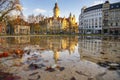 MMorning view to New City Hall Neues Rathaus with mirror reflection in water. Leipzig, Germany. November 2019 Royalty Free Stock Photo