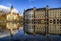 MMorning view to New City Hall Neues Rathaus with mirror reflection in water. Leipzig, Germany. November 2019 Royalty Free Stock Photo