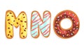 MNO Cookie Alphabet Letters, Sweet Glazed Baking Biscuit Font Cartoon Vector Illustration