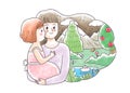 Cartoon cute mother hugging baby and nature view vector.