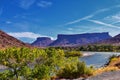 Moab Panorama views of Colorado River Highway UT 128 in Utah around Hal and Jackass canyon and Red Cliffs Lodge on a Sunny morni