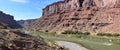 Moab Panorama views of Colorado River Highway UT 128  in Utah around  Hal and Jackass canyon and Red Cliffs Lodge on a Sunny morni Royalty Free Stock Photo