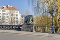 Moabiter bridge over the River Spree with the bear sculpture in a city district Moabit in Berlin, Germany