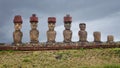 Moai on the Ahu Nau Nau ceremonial platform at Anakena beach on