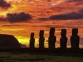 Moai on Easter Island at Ahu Akivi at Sunset Royalty Free Stock Photo