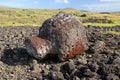 Moai head with pukao among volcanic rocks on Easter Island Royalty Free Stock Photo