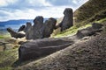 Moai heads and laying moai in Rano Raruku mountain Royalty Free Stock Photo
