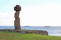 The Moai with Pukao Hat of Ahu Ko Te Riku Ceremonial Platform, with Pacific Ocean in the Backdrop,, Easter Island, Chile