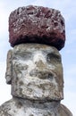 Moai Statue Head with Red Hat Close Up Vertical Portrait